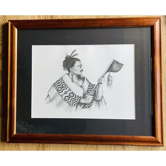 MAORI Warrior Man Framed Etching Tribal Tattoo Holding Taiaha By William Mahon ? - Picture 8 of 16